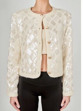 Endless Rose Cream Sequin Knit Cardigan Jacket